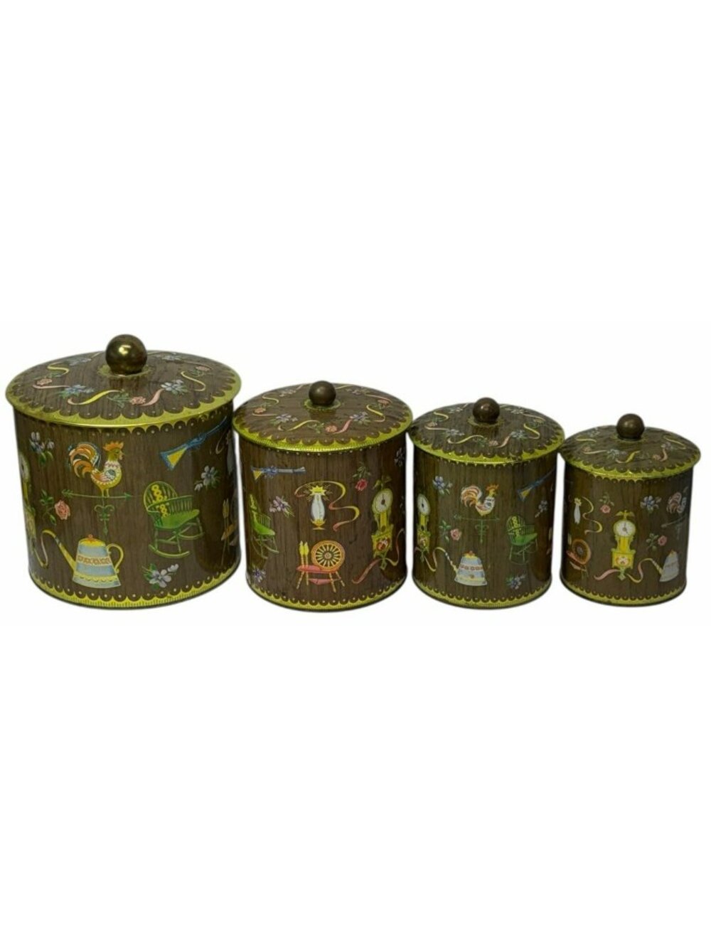 SET 4 Vtg 1970s Damer Tin Kitchen Canisters Americana Wood Grain England Nesting